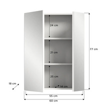 Image d''une armoire de salle de bain blanche mesurant 77 cm de haut, 60 cm de large et 18 cm de profondeur.