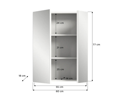 Image d''une armoire de salle de bain blanche mesurant 77 cm de haut, 60 cm de large et 18 cm de profondeur.