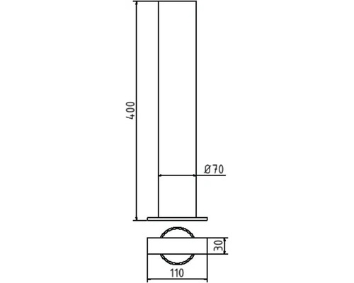 Schéma technique d''un cylindre mesurant 400 mm de haut et 70 mm de diamètre