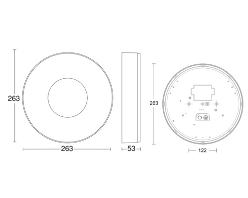 Technische Zeichnung einer Deckenleuchte mit Maßangaben