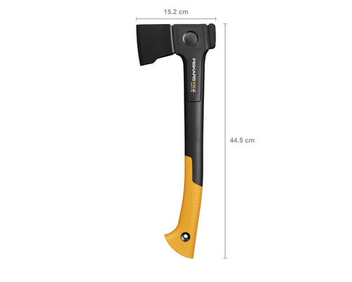 Fiskars X18 Spaltaxt mit einer Länge von 44,5 cm und einer Kopfbreite von 15,2 cm.