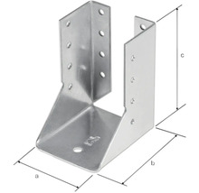 Pfostenträger mit Abmessungen a, b und c aus Metall mit Löchern für Schrauben