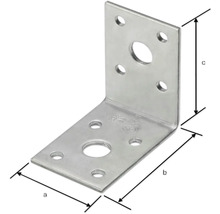 Winkelverbinder aus Metall mit Löchern für Schrauben und Maßangaben.