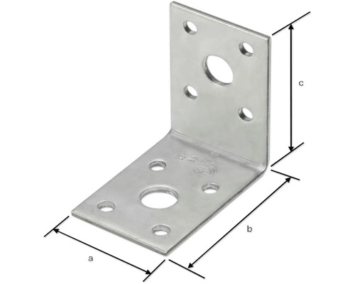 Winkelverbinder aus Metall mit Löchern für Schrauben und Maßangaben.