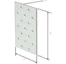 Metallverbinderplatte mit Bohrlöchern und Maßangaben a, b, c.