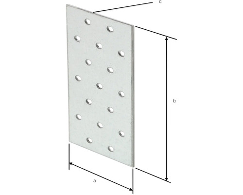 Metallverbinderplatte mit Bohrlöchern und Maßangaben a, b, c.