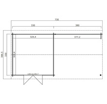 Grundrisszeichnung eines Gartenhauses mit Maßangaben.