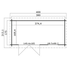 Grundriss eines Gartenhauses mit Maßangaben.