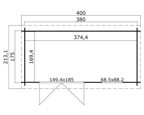 Grundriss eines Gartenhauses mit Maßangaben.