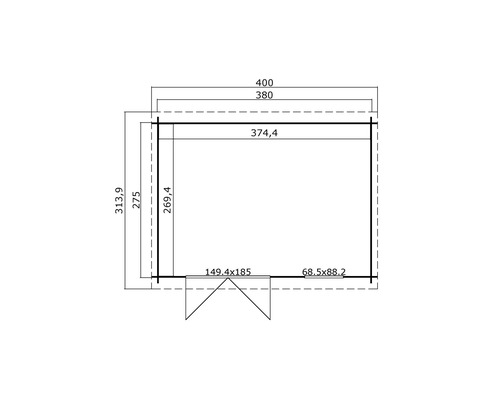 Grundrisszeichnung mit Maßangaben für ein Gartenhaus