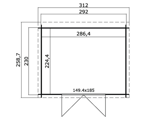 Grundrisszeichnung mit Maßangaben für ein Gartenhaus