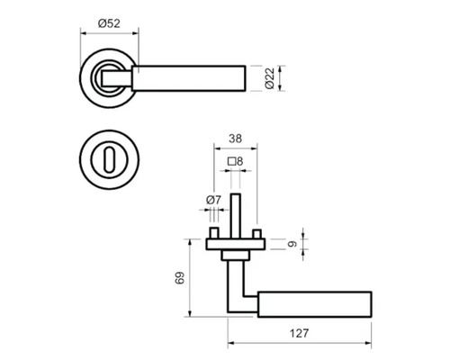 Technische Zeichnung eines Türdrückers mit Maßen.