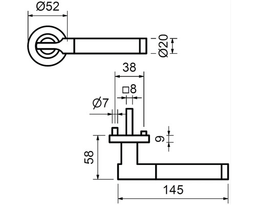 Schéma technique d''une poignée de porte avec dimensions