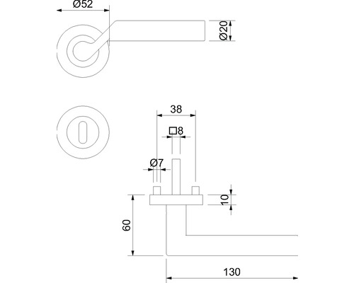 Technische Zeichnung eines Türdrückers mit Maßen