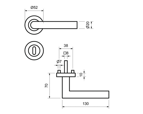 Technische Zeichnung eines Türgriffs mit Maßangaben