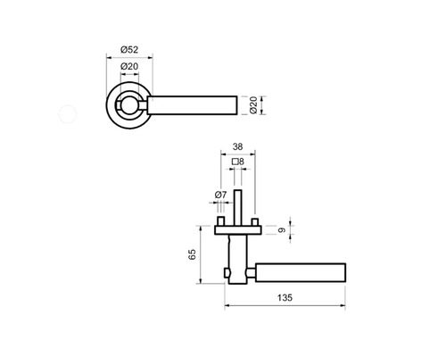 Technische Zeichnung eines Türgriffs mit Maßangaben