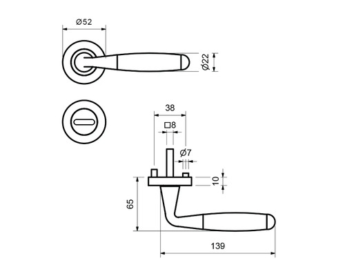 Technische Zeichnung eines Türdrückers mit Maßen