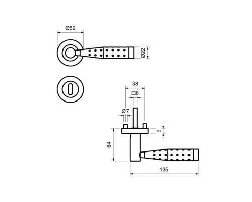 Schéma technique d''une poignée de porte avec dimensions