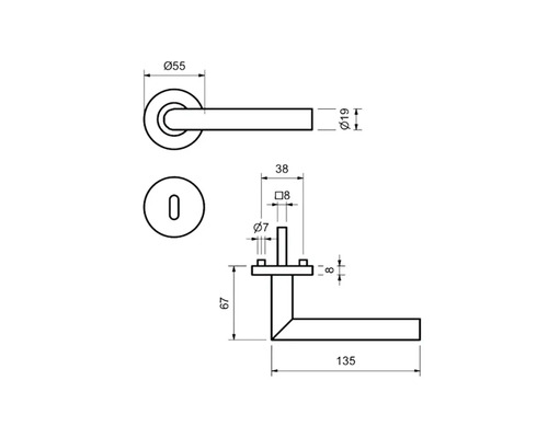 Dessin technique d''une poignée de porte avec indication des dimensions