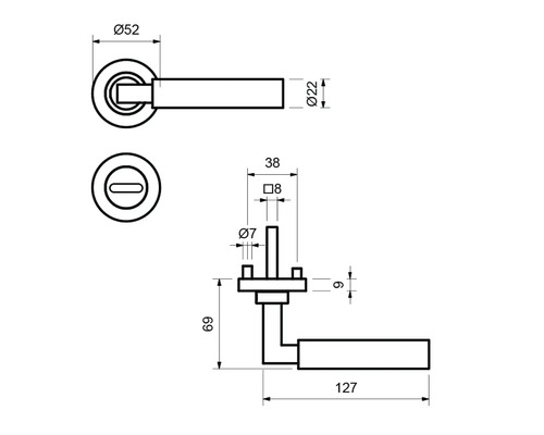 Technische Zeichnung eines Türdrückers mit Maßen.