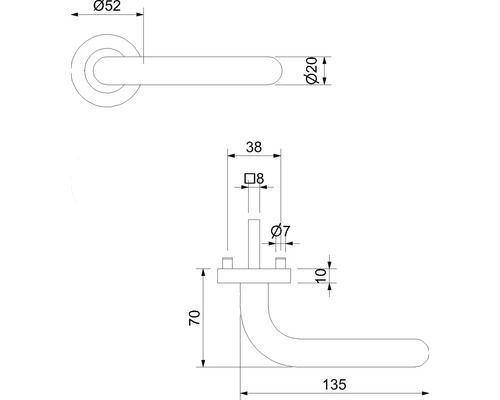 Technische Zeichnung eines Türgriffs mit Maßangaben