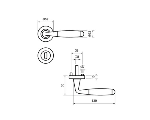 Technische Zeichnung eines Türdrückers mit Maßangaben