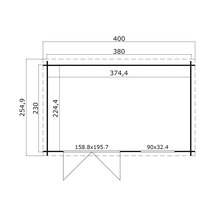 Grundrisszeichnung eines Gartenhauses mit Maßangaben.