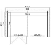 Grundrisszeichnung eines Gartenhauses mit Maßangaben