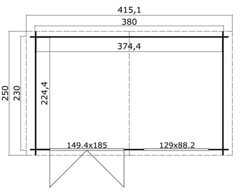 Technische Zeichnung eines Gartenhauses mit Maßangaben