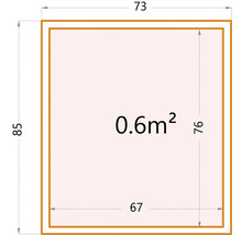 Quadratische Fläche mit Maßangaben in Zentimetern und Flächenangabe von 0,6 Quadratmetern