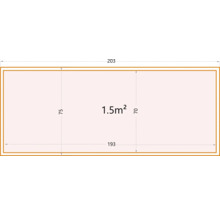 Technische Zeichnung mit Maßangaben: 203 x 75 x 193 x 70, Fläche 1,5 Quadratmeter