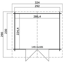 Grundrisszeichnung eines Gartenhauses mit Maßangaben