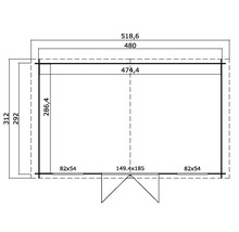 Grundrisszeichnung eines Gartenhauses mit Maßangaben.