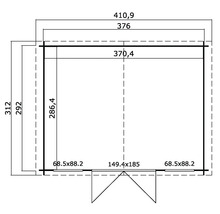 Grundrisszeichnung eines Gartenhauses mit Maßangaben