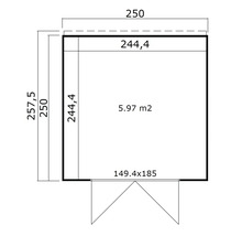 Grundrisszeichnung eines Gartenhauses mit Maßangaben