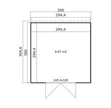 Grundrisszeichnung eines Gartenhauses mit Maßangaben