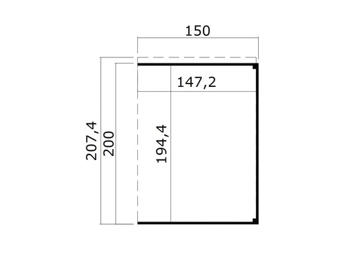 Schéma technique d''une pièce avec les dimensions 207,4, 200, 150 et 147,2 millimètres