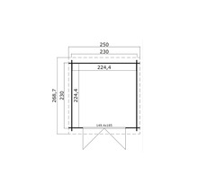 Grundrisszeichnung eines Gartenhauses mit Maßangaben