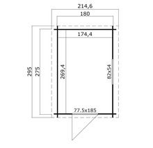 Technische Zeichnung eines Gartenhauses mit Maßangaben