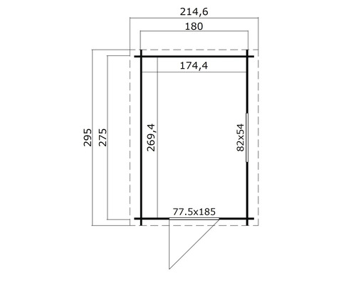 Technische Zeichnung eines Gartenhauses mit Maßangaben