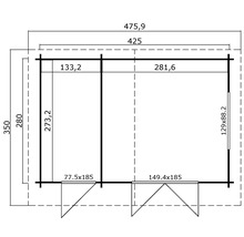 Grundrisszeichnung eines Gartenhauses mit Maßangaben
