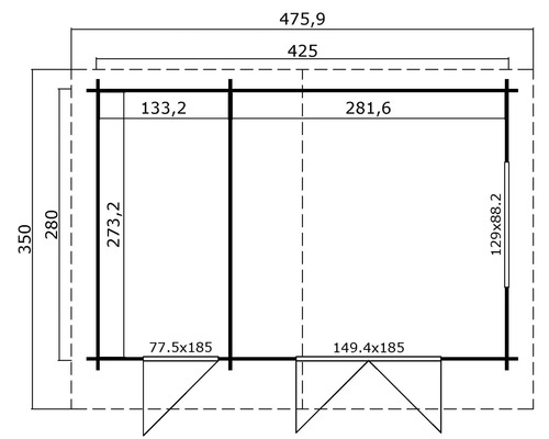 Grundrisszeichnung eines Gartenhauses mit Maßangaben