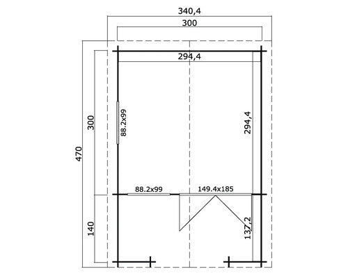 Grundriss einer Gartenlaube mit Maßangaben