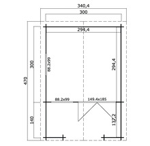 Grundrisszeichnung eines Gerätehauses mit Maßangaben