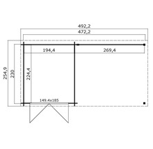 Grundrisszeichnung eines Gartenhauses mit Maßangaben