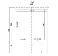 Grundrisszeichnung eines Gartenhauses mit Maßangaben