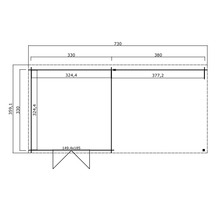 Grundrisszeichnung eines Gartenhauses mit Maßangaben.