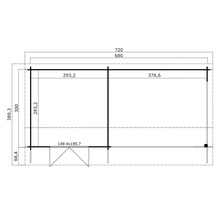Grundrisszeichnung eines Gartenhauses mit Maßangaben