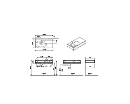 Technische Zeichnung eines Waschtisches mit Maßangaben