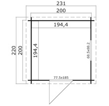 Grundrisszeichnung eines Gartenhauses mit Maßangaben